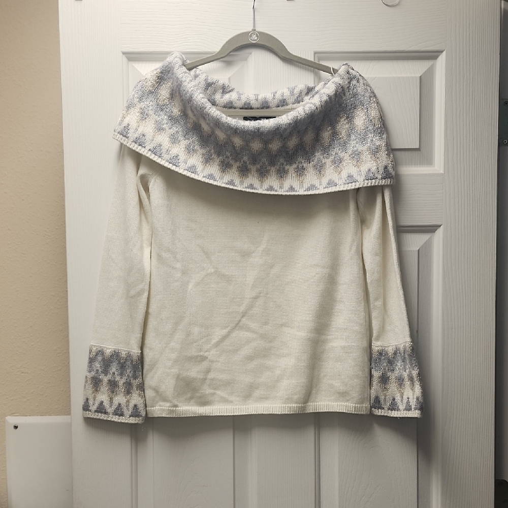 White House Black Market Off-the-Shoulder Sweater in White and Gray